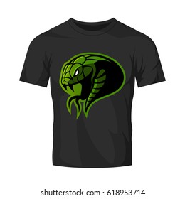 Furious green snake head sport vector logo concept isolated on black t-shirt mockup. Modern professional team badge design. Premium quality wild animal t-shirt tee print illustration.