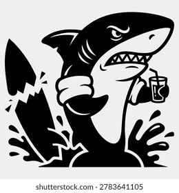 Furious and grumpy shark silhouette vector illustration standing in ocean water splashes, holding a drink cup with a straw next to a snapped, broken surfboard. Aggressive ocean predator mascot character with sharp teeth and a fierce facial expression in bold black monochrome style. Ideal for funny summer beach jokes, surfing accident graphics, cool lifestyle stickers, and t-shirt prints. High-quality editable EPS 10 vector isolated on background.
