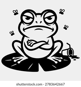 Furious and grumpy toad or frog silhouette vector illustration sitting on a pond lily pad with crossed arms. Stubborn amphibian mascot character with an annoyed facial expression surrounded by buzzing flies and a knocked-over, spilled beverage cup with a straw in bold black monochrome style. Ideal for funny swamp wildlife jokes, bad mood emoji stickers, pond animal graphics, and creative t-shirt prints. High-quality editable EPS 10 vector isolated on background.