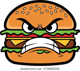 Mascote de hambúrguer furioso face emoção forte agressivo personagem de comida