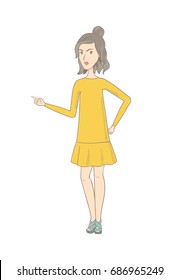 Furious hippie woman screaming and pointing her finger to the right. Full length of young woman screaming and shaking her finger. Vector sketch cartoon illustration isolated on white background.