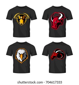 Furious hornet, bull, eagle and ram sport vector logo concept set isolated on white background. Street wear mascot team badge design. Premium quality wild animal emblem t-shirt tee print illustration.