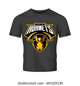 Furious hornet head athletic club vector logo concept isolated on black t-shirt mockup. Modern sport team mascot badge design. Premium quality wild insect emblem t-shirt tee print illustration.