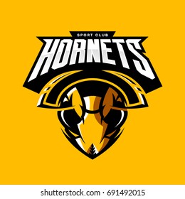 Furious hornet head athletic club vector logo concept isolated on orange background. Modern sport team mascot badge design. Premium quality wild insect emblem t-shirt tee print illustration.