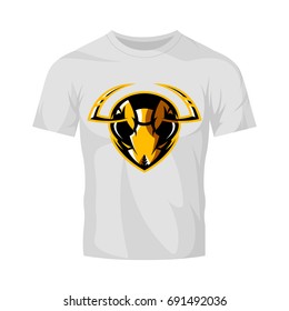 Furious hornet head athletic club vector logo concept isolated on white t-shirt mockup. Modern sport team mascot badge design. Premium quality wild insect emblem t-shirt tee print illustration.