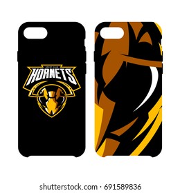Furious hornet head athletic club vector logo concept isolated on smart phone case. Modern sport team mascot badge design. Premium quality wild insect emblem cell phone cover illustration.