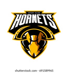 Furious hornet head athletic club vector logo concept isolated on white background. Modern sport team mascot badge design. Premium quality wild insect emblem t-shirt tee print illustration.