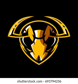 Furious hornet head athletic club vector logo concept isolated on black background. Modern sport team mascot badge design. Premium quality wild insect emblem t-shirt tee print illustration.