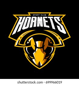 Furious hornet head athletic club vector logo concept isolated on black background. Modern sport team mascot badge design. Premium quality wild insect emblem t-shirt tee print illustration.