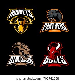 Furious hornet, panther, dinosaur and bull sport vector logo concept set isolated on black. Street wear mascot team badge design. Premium quality wild animal emblem t-shirt tee print illustration.