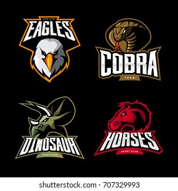 Furious horse, cobra, eagle and dinosaur sport vector logo concept set isolated on black. Street wear mascot team badge design. Premium quality wild animal emblem t-shirt tee print illustration.