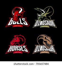 Furious horse, dinosaur and bull sport vector logo concept set isolated on black background. Street wear mascot team badge design. Premium quality wild animal emblem t-shirt tee print illustration.