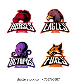Furious horse, eagle, fox and octopus sport vector logo concept set isolated on white. Street wear mascot team badge design. Premium quality wild animal emblem t-shirt tee print illustration.