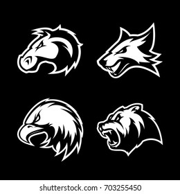 Furious horse, fox, eagle and bear sport vector logo concept set isolated on black background. Street wear mascot team badge design. Premium quality wild animal emblem t-shirt tee print illustration.