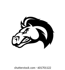 Furious horse head mono sport club vector logo concept isolated on white background. Modern professional team badge design. Premium quality wild stallion animal t-shirt tee print illustration.