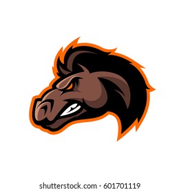 Furious horse head sport club vector logo concept isolated on white background. Modern professional team badge design. Premium quality wild stallion animal t-shirt tee print illustration.