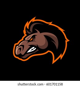 Furious horse head sport club vector logo concept isolated on dark background. Modern professional team badge design. Premium quality wild stallion animal t-shirt tee print illustration.