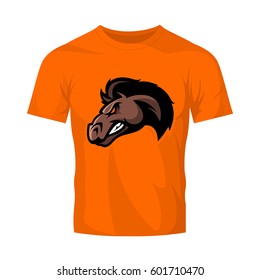 Furious horse head sport club vector logo concept isolated on orange t-shirt mockup. Modern professional team badge design. Premium quality wild stallion animal t-shirt tee print illustration design.