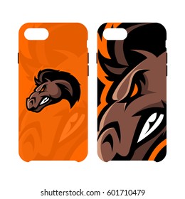 Furious horse head sport club vector logo concept smart phone case. Modern professional team badge design. Premium quality wild stallion animal artwork cell phone cover illustration.