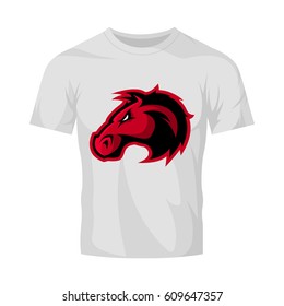 Furious horse head sport club vector logo concept isolated on white t-shirt mockup. Modern professional team badge design. Premium quality wild stallion animal t-shirt tee print illustration design.