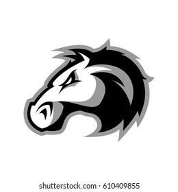 Furious horse head sport club vector logo concept isolated on white background. Modern professional team badge design. Premium quality wild stallion animal t-shirt tee print illustration.