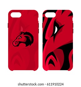 Furious horse head sport club vector logo concept smart phone case isolated on white background. Modern team badge design. Premium quality wild stallion animal artwork cell phone cover illustration.
