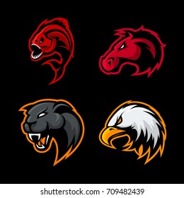 Furious horse, panther, eagle and piranha sport vector logo concept set isolated on black. Street wear mascot team badge design. Premium quality wild animal emblem t-shirt tee print illustration.