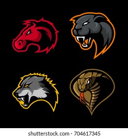 Furious horse, panther, wolf and cobra sport vector logo concept set isolated on black. Street wear mascot team badge design. Premium quality wild animal emblem t-shirt tee print illustration.