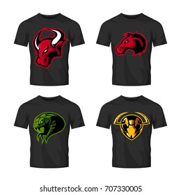 Furious horse, snake, bull and hornet sport vector logo concept set isolated on white. Street wear mascot team badge design. Premium quality wild animal emblem t-shirt tee print illustration.