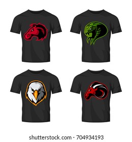 Furious horse, snake, eagle and ram sport vector logo concept set isolated on white background. Street wear mascot team badge design. Premium quality wild animal emblem t-shirt tee print illustration.