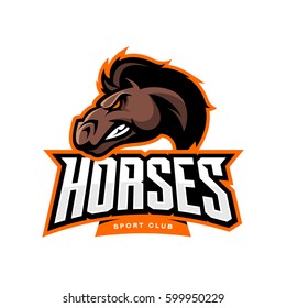 Furious Horse Sport Club Vector Logo Concept Isolated On White Background. Professional Team Badge Design. Premium Quality Wild Stallion Animal T-shirt Tee Print Illustration.