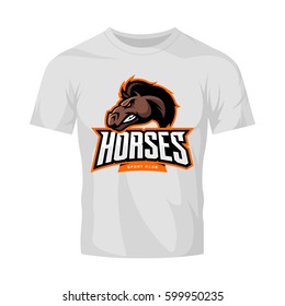 Furious horse sport club vector logo concept isolated on white t-shirt mockup. Modern professional team badge design. Premium quality wild stallion animal t-shirt tee print illustration design.