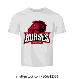 Furious horse sport club vector logo concept isolated on white t-shirt mockup. Modern professional team badge design. Premium quality wild stallion animal t-shirt tee print illustration design.