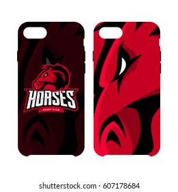 Furious horse sport club vector logo concept smart phone case isolated on white background. Modern team badge design. Premium quality wild stallion animal artwork cell phone cover illustration.