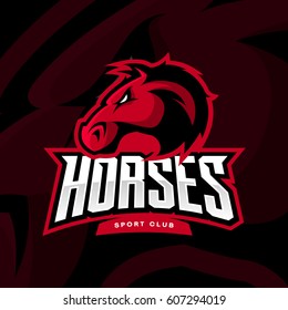 Furious horse sport club vector logo concept isolated on dark background. Modern professional team badge design. Premium quality wild stallion animal t-shirt tee print illustration.
