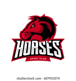 Furious horse sport club vector logo concept isolated on white background. Modern professional team badge design. Premium quality wild stallion animal t-shirt tee print illustration.