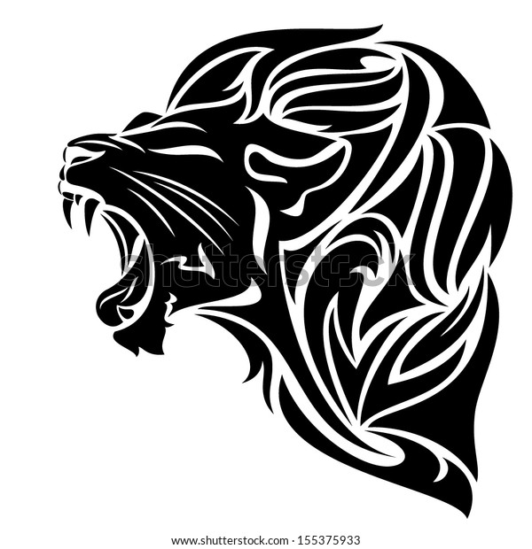 激怒するライオンの白黒のベクター画像アウトライン 部族デザイン のベクター画像素材 ロイヤリティフリー