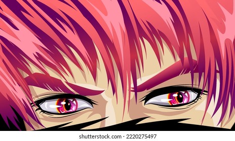 Furious look of a man in manga and anime style. Red eyes warrior in manga and anime style. Vector image.