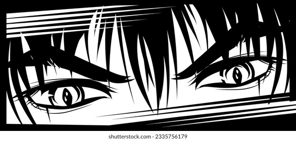 Furious look of a man in manga and anime style. Vector image.