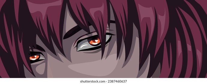 Furious look of a man in manga and anime style. Red eyes warrior in manga and anime style. Vector image of eyes and eyebrows isolated from the background.