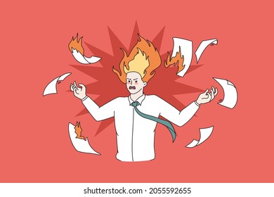 Furious mad man feel distressed anxious with work deadline. Angry male worried with burning deadlines at school university, surrounded by papers documents, flat vector cartoon illustration.