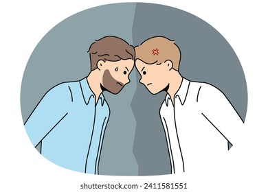 Furious male employees stand against each other. Mad men rivals or competitors having fight or misunderstanding. Rivalry and competition. Vector illustration.