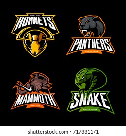 Furious mammoth, snake, hornet, panther vector logo concept set isolated on black. Street wear mascot sport team badge design. Premium quality wild animal emblem t-shirt tee print illustration.