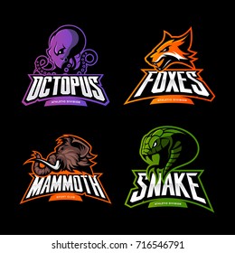 Furious mammoth, snake, octopus, fox vector logo concept set isolated on black. Street wear mascot sport team badge design. Premium quality wild animal emblem t-shirt tee print illustration.