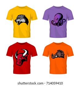 Furious mammoth, wolf, octopus, bull vector logo concept on color t-shirt mockup. Street wear mascot sport team badge design set. Premium quality wild animal emblem tee print illustration.