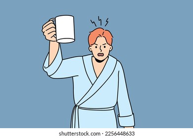 Furious man in bathrobe screaming fighting with neighbors in morning. Angry male with coffee in hand feel mad shout at neighbours. Vector illustration. 