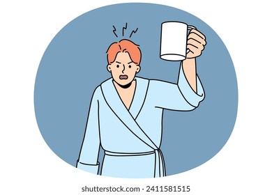 Furious man in bathrobe screaming fighting with neighbors in morning. Angry male with coffee in hand feel mad shout at neighbours. Vector illustration.