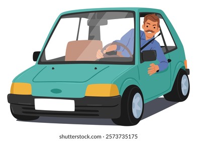 Furious man driver character looking out of car feeling angry and aggressive isolated on white background. Irritated male personage moving in automobile showcasing negative emotion vector illustration