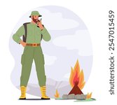 Furious man forest ranger character reporting on radio walkie-talkie about open campfire among natural park vector illustration. Violation could lead to fire or deforestation environmental disaster