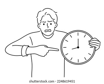 Furious man point at clock stressed with missed deadline. Mad male show with finger on watch distressed with bad time management. Vector illustration. 